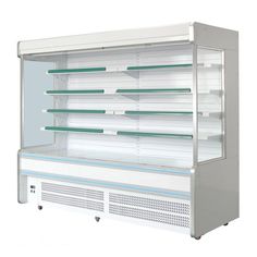 an empty refrigerated display case with shelves and lights on each side, isolated against a white background