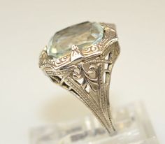 ANTIQUE-EDWARDIAN-STERLING-SILVER-FILIGREE-FAUX-AQUAMARINE-RING-SIZE-2-5 Antique Ring Settings, Edwardian Ring, Aquamarine Ring, Sterling Silver Filigree, Aquamarine Rings, Silver Filigree, Antique Rings, Rose Gold Ring, Aquamarine