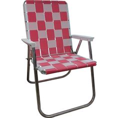 a red and white checkerboard lawn chair with metal frame on an isolated white background