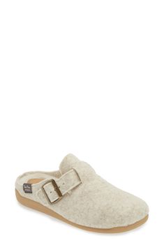 A soft wool-blend footbed enhances the everyday comfort of a clog slipper grounded by a sturdy rubber sole. Adjustable strap with buckle closure Wool and polyester upper and lining/rubber sole Made in Spain Comfortable Slip-on Slippers With Buckle Closure, Comfortable Flat Clogs With Buckle Closure, Comfortable Outdoor Clogs With Buckle Closure, Cozy Slip-on Clogs With Textured Footbed, Comfortable Beige Clogs With Textured Footbed, Wool Clogs With Cushioned Footbed And Round Toe, Winter Slip-on Clogs With Buckle Closure, Outdoor Closed Toe Mules With Textured Footbed, Winter Buckle Closure Slip-on Clogs