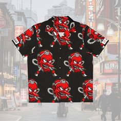 Japanese Tengu Hawaiian shirt - Ready to rock it with our retro style Japanese Hawaiian shirt?  Black and red illustration of the mythological Tengu from Japanese folklore.  Made to have a boxy fit and a notch lapel collar that are perfect for any laidback scenario, these shirts come with a handy chest pocket and a 95% polyester and 5% spandex fabric for silky comfort. Shirt is a lightweight material .: Material: 95% polyester, 5% spandex .: Medium fabric (7.23 oz/yd²) .: Boxy fit .: Chest pocket Please note these are made to order and will take upwards of 3 weeks to arrive. Pop Culture Printed Cotton Tops, Printed Cotton Tops Pop Culture Style, Cotton Band Merch Tops For Fan Events, Anime Print Pop Culture Shirt For Fan Conventions, Pop Culture Cotton Shirt With Graphic Print, Cotton Pop Culture Shirt With Graphic Print, Anime Print Shirt For Fan Conventions, Pop Culture Anime Print Shirt For Fan Conventions, Graffiti Print Short Sleeve Shirt For Streetwear