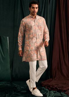 Stone shirt style kurta with floral printed motifs & mandarin collar with pajama. Luxury Patterned Printed Kurta, Luxury Linen Kurta With Floral Embroidery, Men Printed Kurta, Mens Floral Kurta, Luxury Men's Block Print Kurta, Kurta Men, Nehru Jackets, Western Wedding, Short Suit