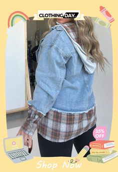 Plaid Hooded Denim Jacket Hooded Denim Jacket, Trendy Jackets, Denim Patterns, Basic Jackets, Plaid Fabric, Plaid Jacket, Long Sleeves Jacket, Blue Jacket, Plaid Flannel