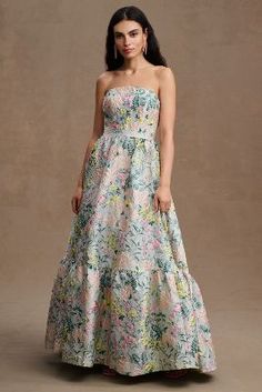 Printed Bridesmaid Dresses, Backyard Dinner Party, Garden Formal, Summer Bridesmaid Dresses, Black Tie Wedding Guests, Guest Attire, Strapless Gown, Mac Duggal, A Line Gown