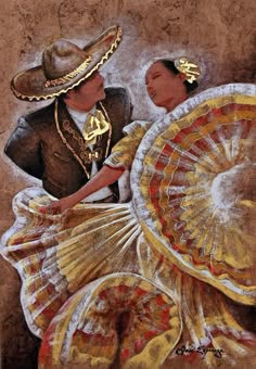 a painting of two women in mexican garb and hats with fan dance on the floor