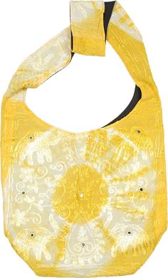 An uber-cool choice of a bohemian shoulder bag in a lively lemon yellow color that is perfect for carrying things around. White tie and dye effect at the center of the handbag looks chic and hip. Beautiful thread embroidery on the bag with mirror work to give a hippie look. Elephant motifs and floral designs are used for the self-colored embroidery. This bag is fully lined with black fabric on the inside and the shoulder straps are broad for ease and comfort to carry. There is one pocket on the Yellow Bohemian Daily Use Bags, Yellow Bohemian Rectangular Shoulder Bag, Bohemian Yellow Rectangular Shoulder Bag, Bohemian Yellow Shoulder Bag With Adjustable Strap, Yellow Embroidered Shoulder Bag For Daily Use, Summer Yellow Shoulder Bag, Yellow Bohemian Festival Bags, Yellow Bohemian Shoulder Bag For Travel, Yellow Canvas Shoulder Bag For Summer