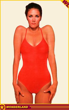 a woman in a red swimsuit with her hands on her hips