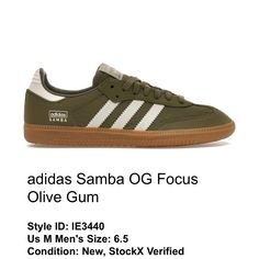 Brand New, Never Worn, Stockx Verified Olive Green Fits Us Men’s 6.5, Women’s Roughly 8.5 Green Sambas, Olive Shoes, Pretty Sneakers, Adidas Samba Og, Green Fits, Shoes Adidas, Fall Shoes, Us Man, Adidas Samba