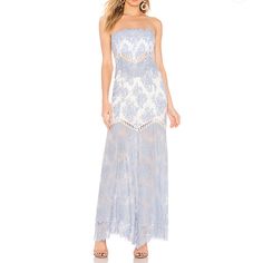 Baby Blue And White Maxi Dress From Revolve! Planned To Wear For Engagement Photos But Changed Mind Due To The Weather. Brand New! Chic Blue Lace Maxi Dress, Dresses Revolve, White Maxi Dress, White Maxi, Prom Dress, Baby Blue, Engagement Photos, Colorful Dresses, Prom Dresses