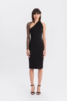 #Black Mesh Elegant Sheer Mesh Bodycon Dress, Fitted One Sleeve Midi Dress For Spring, Fitted One-sleeve Midi Dress For Spring, Spring One Sleeve Fitted Midi Dress, Spring Midi Dress With One Sleeve And Fitted Design, One Shoulder Midi Bodycon Dress For Evening, Modern One-shoulder Midi Dress For Party, Elegant Stretch Midi Dress With Mesh Sleeves, Modern One-shoulder Party Midi Dress