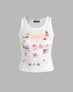 Details: White crop top with cute cartoon graphical printsTop Length: CroppedSleeve Length: SleevelessMaterials:95% Polyester + 5% Spandex Aesthetic Childhood, 90s Grunge Style, Fantasy Tank, Cute Summer Outfit, 90s Hip Hop Fashion, 90s Fashion Grunge, Y2k Outfits, 90s Grunge, Maxi Dresses Casual