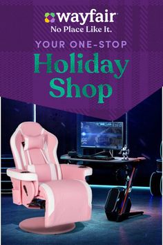 a pink and white chair sitting in front of a computer desk with the words, your one - stop holiday shop