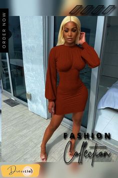 Elegant Women Long Sleeve Solid Lantern Sleeve Bodycon Dress Solid Color Bodycon Mini Dress For Fall, Solid Slim Fit Bodycon Dress For Fall, Fall Solid Color Slim Fit Bodycon Dress, Fall Mini Slim Fit Bodycon Dress, Casual Sheath Bodycon Dress For Date Night, Solid Color Bodycon Dress For Fall, Solid Bodycon Dress For Fall, Fall Mini Length Bodycon Dress, Slim Fit Sheath Bodycon Dress For Fall