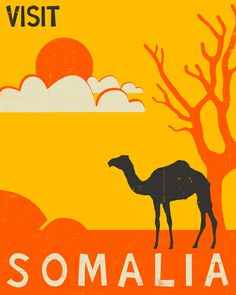 an orange and yellow poster with a camel in the desert