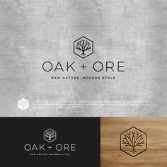 the oak and ore logo is shown in two different colors