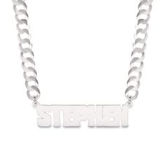 He'll love the confident vibe of this personalized name necklace. Fashioned in sterling silver, this design showcases a name - between two and 10 characters in length - sculpted in a block font. Polished to a bright shine, this look suspends centered along a 20.0-inch curb chain that secures with a lobster claw clasp. Custom Name Silver Necklace In Letter Shape, Custom Name Silver Letter Necklace, Silver Custom Name Necklace In Letter Shape, Silver Letter Necklace With Custom Name, Customizable Modern Nameplate Jewelry, Modern Customizable Nameplate Jewelry, Silver Sterling Silver Letter Name Necklace, Silver Rectangular Custom Name Jewelry, Modern Nameplate Jewelry For Personalized Gift