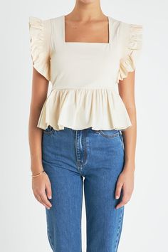 Glow up your wardrobe with this chic Square Neckline Ruffled Top. It features a square neckline sleeveless construction a peplum detail at the bottom and pleated ruffle shoulder for an edgy yet sophisticated look. Dress it up with heeled sandals for a night out or go casual with sneakers. It's perfect for any occasion making it a must-have item in your collection. Get this stylish top now and let it level up your wardrobe! Square neckline Sleeveless Bottom peplum detail Pleated ruffle shoulder R Casual With Sneakers, English Factory, Ruffled Top, Stylish Top, Custom Clothing, Square Necklines, Ruffle Top, Sophisticated Look, Heeled Sandals