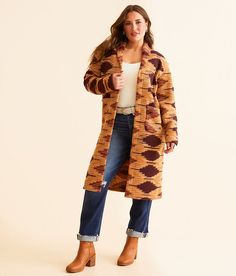 Hooey Aztec Duster Cardigan - Orange Large, Women's Maroonbrown Printed rib knit flyaway cardigan Body length 40 on size small. Layering piece(s) and/or accessories sold separately.. 100% Polyester. Machine wash cold with like colors. Do not bleach. Tumble dry low. Cool iron as needed. Do not iron print and accessories. Do not dry clean. Apparel & Accessories > Clothing > Shirts & Tops Brown Cardigan For Cold Weather In Fall, Brown Cardigan For Fall And Cold Weather, Fitted Brown Cardigan For Fall, Fitted Brown Cardigan For Cold Weather, Brown Open Front Sweater Coat For Layering, Fitted Brown Knit Outerwear, Fitted Brown Sweater Coat For Fall, Winter Brown Open Front Outerwear, Cozy Fitted Brown Sweater Coat