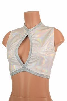 "This item is made to order, please read all the way through the listing before purchasing! This crop top is made from four way stretch lycra spandex in Flashbulb Holographic. Frostbite Shattered Glass fabric accents around the middle opening, neckline, and hemline. It features a keyhole design in front, with a high back, and fits like a glove! TOP LENGTH: Underarm to hemline measures 8\" Womens Sizing (See below for instructions on where measurements should be taken) XXS: Bust 29\"-30\" / Waist Fitted Disco Style Summer Tops, Fitted Disco Tops For Summer, Fitted Disco Top For Summer, Fitted Sleeveless Disco Top, Fitted Party Vest Crop Top, Fitted Racerback Top For Club, White Fitted Tank Halter Top, Fitted White Tank Halter Top, Fitted Sleeveless Halter Top For Festival