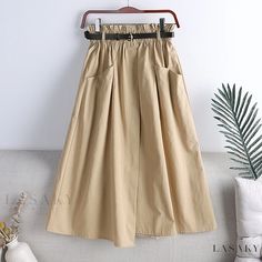 Lasaky - Elasticated High-Waisted A-line Skirt with Spacious Pockets and Decorative Button Details High Waist A Line Skirt, Blue Pleated Skirt, Cotton Midi Skirt, Skirt With Buttons, Skirt Belt, Fashion Autumn, Mid Length Skirts, Line Skirt, Skirt Women