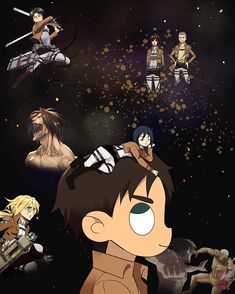 an anime character with many different avatars in front of the sky and stars behind him