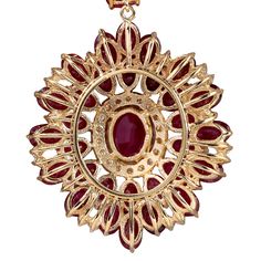 Stamped: 14K Yellow GoldTotal Necklace Weight: 36.0 GramsNecklace Length: 17 InchesNecklace Width: N/AGemstone Weight: Total Natural Center Ruby Weight is 2.35 Carat (Measures: 9.05x6.89 mm)Color: RedGemstone Weight: Total Natural Side Ruby Weight is 56.65 CaratColor: RedDiamond Weight: Total Natural Diamond Weight is 1.00 CaratColor: F-G, Clarity: VS2-SI1Face Measures: 39.77x34.99 mmSku: [702592W] Exquisite Multi-stone Round Necklace, Yellow Gold Costume Jewelry Pendant, Round Gold Gemstones Fine Jewelry, Yellow Gold Multi-stone Necklace For Celebration, Celebration Multi-stone Yellow Gold Necklace, Celebration Yellow Gold Multi-stone Necklace, Exquisite Multi-stone Yellow Gold Jewelry, Exquisite Yellow Gold Round Gemstones, Dazzling Multi-stone Yellow Gold Jewelry