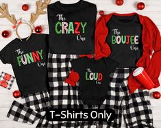 SHIRTS ONLY - NO BOTTOMS WITH THIS ORDER. Get your family in the Christmas spirit with this matching Holiday shirt set! Perfect for Festive Parties, xmas morning, or just some jolly fun. Each shirt features a unique phrase for every family member. Customizable for your family! LISTING IS FOR SHIRTS ONLY All items are made to order. They will ship within one week from one of our printing partners. Please allow sufficient time for production and shipping. If you have any issues or concerns, please Matching Christmas Cotton Tops, Matching Cotton Christmas Tops, Matching Cotton Tops For Christmas, Family Matching Holiday T-shirt With Letter Print, Black Family Matching Tops For Winter, Family Matching Graphic Print Tops For Winter, Casual Winter Tops For Family Occasions, Family Matching Holiday Tops With Letter Print, Family Matching Letter Print Holiday Tops