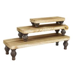 three tiered wooden table with metal legs