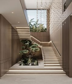 an indoor area with stairs, potted plants and chandelier