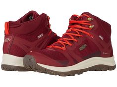 KEEN Terradora II Mid WP - Women's Shoes : Rhubarb/Jam : The KEEN Terradora II Mid WP all-terrain boots have a waterproof, PFC-free fabric and synthetic upper that is perfect for keeping you comfortable on difficult hikes and moist trails. Lace-up waterproof high-top hiking boot with a supportive synthetic and fabric upper. KEEN.Dry waterproof, breathable membrane keeps out the wet elements while providing a drier, more comfortable interior. Quick-drying mesh interior lining. Cushioned textile f Outdoor High-top Sneakers With Vibram Sole, Sporty Waterproof Lace-up Boots, Waterproof Lace-up Nylon Boots, Waterproof Mid-top Walking Boots, Sporty Waterproof High-top Sneakers For Outdoor, Weatherproof Nylon High-top Boots, Weatherproof High-top Nylon Boots, Sporty Ankle-high Waterproof Boots For Walking, Sporty High-top Sneakers With Round Toe For Hiking