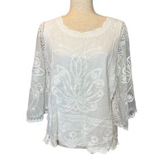 Gorgeous Blouse By Anthony Original Designer. Sold On Hsn Or By His Catalog New With Tag Gorgeous Butterfly Sheer Sleeves Embroidered Throughout Lined Perfect For Summer And Spring, Party, Shower, Work, Date Night, Girl's Night, Etc. Size Tag Reads Xs But Very Generous Approx 20 Inches Pit To Pit And 24 Inches Shoulder To Hem So I Think A Small New With Tag Posh Ambassador 5 Star Rated Seller Over 1000 Items Sold Buy With Confidence Fast Shipping Elegant Floral Embroidered Top For Vacation, Elegant Floral Embroidery Top For Vacation, Elegant White Vacation Blouse, White Embroidered Top For Summer Brunch, White Embroidered Lace Top For Summer, White Embroidered Top With Lace Trim For Spring, Casual White Lace Top For Brunch, White Lace Top Blouse For Vacation, White Embroidered Lace Top For Spring