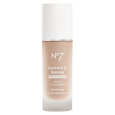 Designed by Science. Defined by You. Expertly formulated for an age-defying finish that looks and feels natural, while protecting with Broad Spectrum SPF 20. This revolutionary, lightweight foundation is powered by No7's Restore & Renew Serum technology and visibly improves the 5 key signs of aging. It instantly conceals fine lines, wrinkles, age spots, uneven texture & tone, for skin that appears lifted and firmer over time with continued use. The Flexible Formula moves in harmony with your No 7 Foundation, No7 Makeup, Lightweight Foundation, Serum Foundation, Too Faced Foundation, Fall Kitchen, Best Beauty Tips, Broad Spectrum Sunscreen, Age Defying