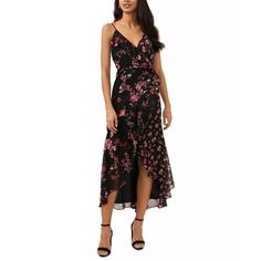 This MSK sleeveless Maxi features a V-Neck, ruffle hem, High low cut. The floral print is is girly and the style makes for a flirty and fun look. Perect for any occasion. Machine Washable. Size: S.  Color: Black.  Gender: female.  Age Group: adult. Flirty Floral Print Maxi Dress, Sleeveless Floral Maxi Dress For Date Night, Sleeveless Maxi Dress With Ruffle Hem For Date Night, Sleeveless Floral Dress For Date Night, Spring Floral Dress For Night Out, Sleeveless Floral Dress With Ruffle Hem, Chic Floral V-neck Dress With Ruffle Hem, Feminine Sleeveless Floral Dress For Date Night, Sleeveless Floral Dress With Ruffle Hem For Party