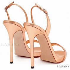 Lasaky - Chic Champagne Patent Leather Slingback Sandals with Round Toe and Stiletto Heel Leather Single Strap Sandals For Party, Single Strap Leather Sandals For Party, Chic Strappy Slingback Sandals For Party, Party Slingback Sandals With Open Heel And Straps, Open Toe Slingback Pumps With Buckle Closure For Party, Open Heel Slingback Sandals With Straps For Party, Leather Single Strap Party Heels, Leather Slingback Sandals With Straps For Party, Party Slingback Sandals With Buckle And Open Heel