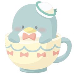 a cute little penguin in a teacup with its eyes closed and nose wide open