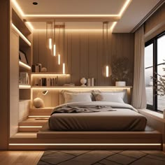 a modern bedroom with wooden walls and flooring is lit by recessed lights above the bed