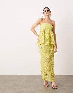 ASOS EDITION floral cornelli column midi skirt in lime - part of a set | ASOS Spring Party Green Sets, Green Two-piece Dress For Spring, Strapless Party Sets For Spring, Spring Fitted Strapless Set, Spring Yellow Two-piece Dress, Strapless Two-piece Dress For Spring, Yellow Two-piece Dress For Spring, Midi Skirt Set, Formal Dresses Graduation