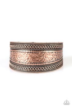 Hammered, studded, and embossed in tribal inspired textures, a thick copper cuff curls around the wrist for a artisan inspired look. Sold as one individual bracelet. P9SE-CPXX-086XX Paparazzi Accessories Jewelry, Hammered Cuff Bracelet, Pink Jewels, Copper Cuff Bracelet, Copper Cuff, Bracelet Online, Paparazzi Accessories, Inspired Jewelry, Copper Bracelet