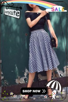 Women Black White Plaid High Waist Cotton A Line Skirts Spring Black Cotton Skirt For Summer, Black Casual Summer Skirt, Casual Black Summer Skirt, Black Casual Skirt For Fall, Casual Black Skirt For Fall, Spring Black Cotton Skirt, Black Cotton Knee-length Skirt, Black Knee-length Cotton Skirt, Black Flared Skirt For Summer