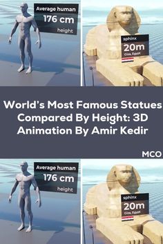 three different views of an animated human being in front of the ocean with text that reads world's most famous statues compared by height and animation by amir kedir