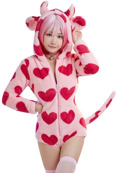 Women Sexy Pink Heart Print Long Sleeve Onesie Bodysuit Kawaii Cow, Kawaii Pajamas, Pink Heart Print, Cow Outfits, Silk Bodysuit, Onesie Costumes, Pink Onesie, One Piece Cosplay, Bodysuit Tops