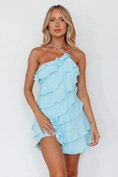 Arrabel Tiered Ruffle Mini Dress Sky Blue by Selfie Leslie Layered Homecoming Dresses, Loveshackfancy Short Dress, Peach Homecoming Dress, Short Unique Dresses, Greek Hoco Dresses, Loose Hoco Dress, Blue Beachy Dress, Hoco Dresses Ruffle, Ruffle Homecoming Dresses