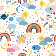 rainbows, stars and clouds are all over the white background for this wallpaper