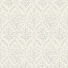 a white and blue wallpaper pattern with small leaves on the bottom right hand corner