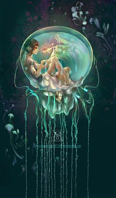 two women sitting on top of a jellyfish in front of a dark background with flowers