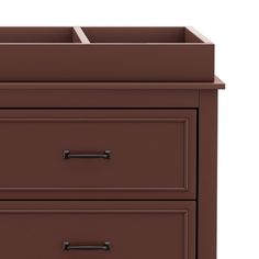 a brown dresser with two drawers on each side and an open drawer in the middle