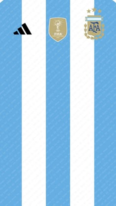 the blue and white striped jersey is shown with two different logos on it, one in gold