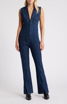 Split hems on the kicky flare legs mean stylish animation in this stretch-hinted denim jumpsuit fixed with crisp notched lapels. 32" inseam Pull-on style Notched lapels Sleeveless 99% cotton, 1% elastane Machine wash, line dry Imported Dark Wash Fitted Wide Leg Jumpsuits And Rompers, Fitted Wide-leg Dark Wash Jumpsuits And Rompers, Fitted Dark Wash Wide Leg Jumpsuits And Rompers, Fitted Wide Leg Dark Wash Jumpsuit, Dark Wash Fitted Wide Leg Jumpsuit, Chic Fitted Straight Leg Overalls, Fitted Wide Leg Dark Wash Denim Jumpsuit, Fitted Wide Leg Dark Wash Overalls, Chic Fitted Denim Jumpsuit With Straight Legs