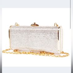 Vintage Clear Swarovski Crystal With Gold Frame. Some Stones Are Missing But Otherwise In Very Good Condition No Scratches And Inside Liner Perfect. No Stains. Long Gold Link Chain Can Close Bag With Chain Inside To Create An Elegant Clutch Luxury Silver Clutch, Luxury Silver Clutch Bag, Designer Silver Clutch For Formal Events, Designer Silver Clutch For Formal Occasions, Designer Silver Clutch For Events, Designer Silver Clutch For Event, Luxury Silver Clutch For Evening, Elegant Clutch With Bling For Events, Luxury Silver Rectangular Evening Bag