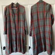 Calf Length Red And Light Blue Button Down Plaid Dress Or Duster! Such A Cute Style! Red And Light Blue, Cute Style, Button Down Dress, Plaid Dress, Plaid Flannel, Free People Tops, Button Downs, Button Down Shirt, Free People